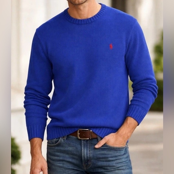 Polo Ralph Lauren Men XL Royal Blue Cotton Knit Sweater Red Pony - Picture 1 of 8